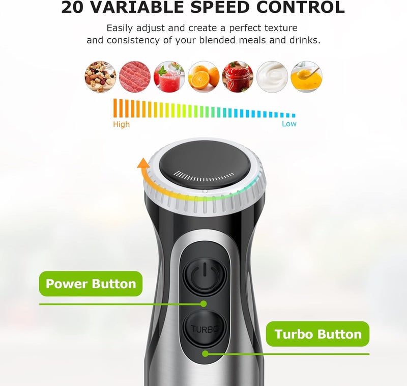 Bonsenkitchen Immersion Handheld Blender with Whisk, 20-Speed & Turbo Mode Hand Blender Stick 500W, 304 Stainless Steel Hand Blender for Soup, Smoothie, Puree, Baby Food - Image 3